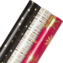 Black + Gold Dots, Joy, Stars Holiday Wrapping Paper Rolls, 3 Rolls