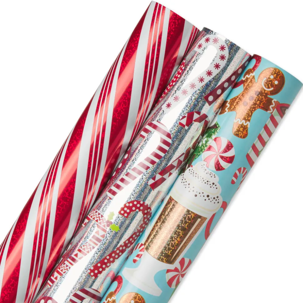 Candy Canes, Red + White Stripes, Hot Cocoa + Treats Holiday Wrapping Paper Rolls, 3 Rolls