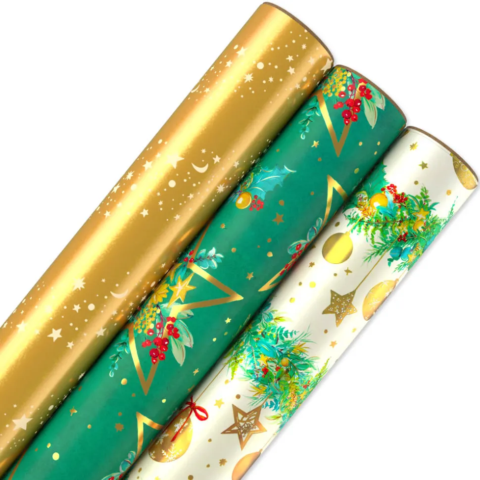 Celestial Evergreen Christmas Wrapping Paper Rolls, 3 Rolls