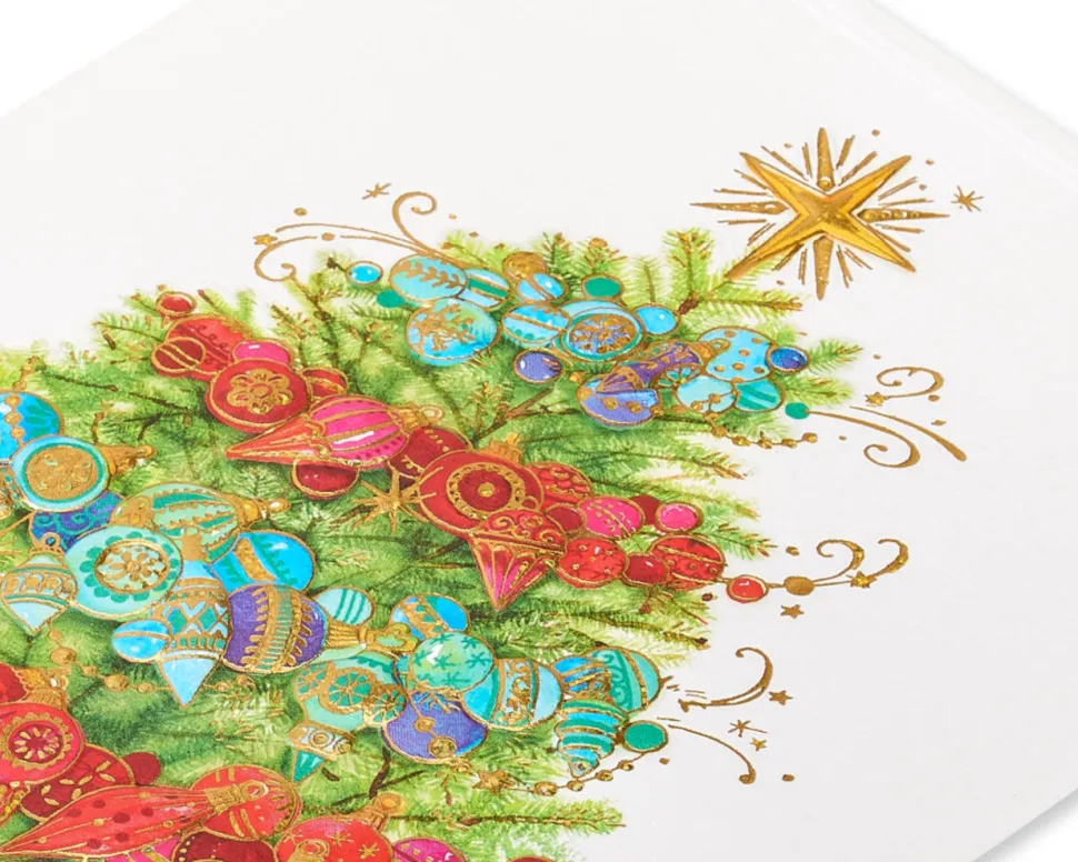 Christmas Tree with Holiday Ornaments Christmas Boxed Cards – Glitter-Free, 12-Count