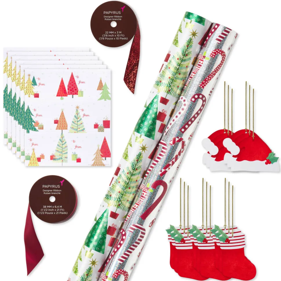 Christmas Trees and Candy Canes Holiday Wrapping Paper Set, 2 Rolls, 2 Ribbons, 5 Tags, 12 Labels