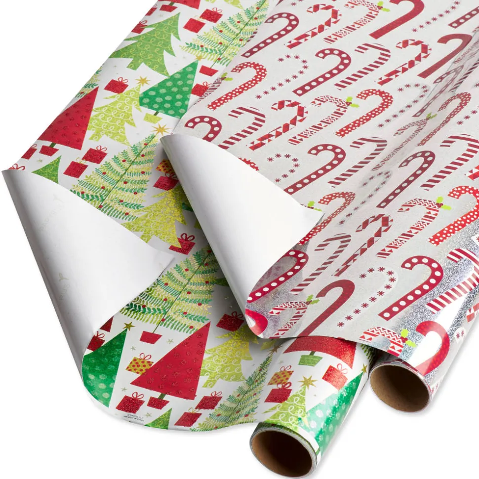 Christmas Trees and Candy Canes Holiday Wrapping Paper Set, 2 Rolls, 2 Ribbons, 5 Tags, 12 Labels