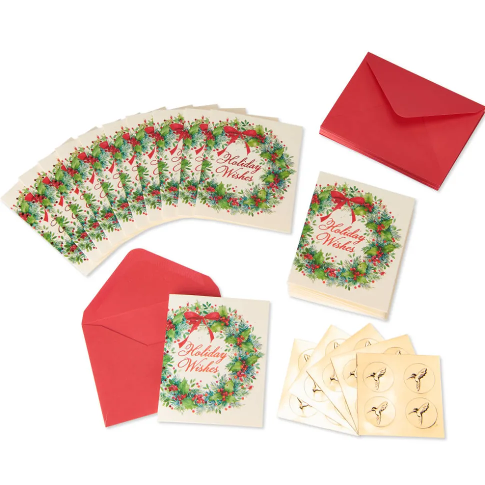 Christmas Wreath and Holiday Wishes Christmas Boxed Cards, 20-Count