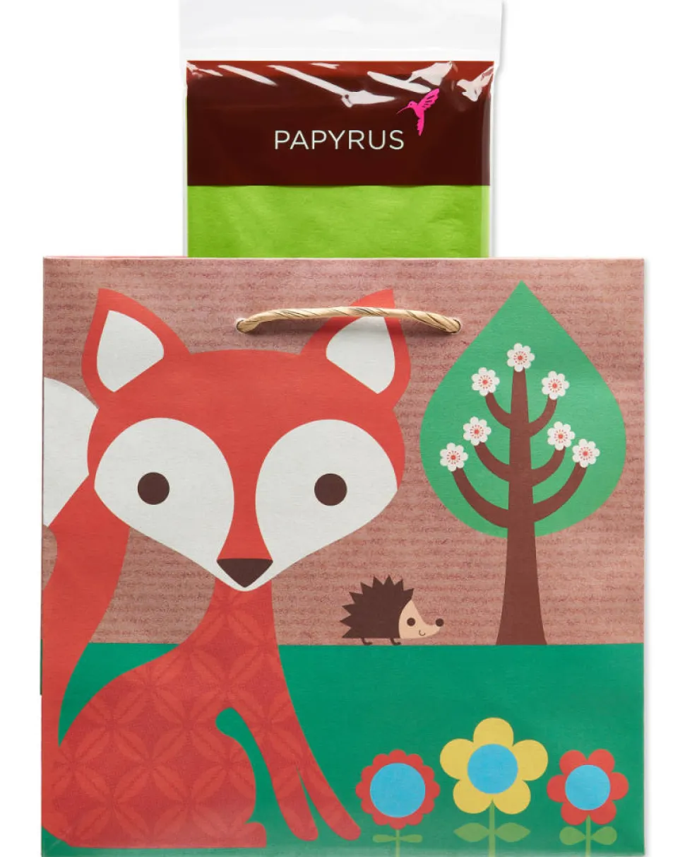 Eco Fox Medium Gift Bag with Retro Green Tissue Paper, 1 Gift Bag and 8 Sheets of Tissue Paper