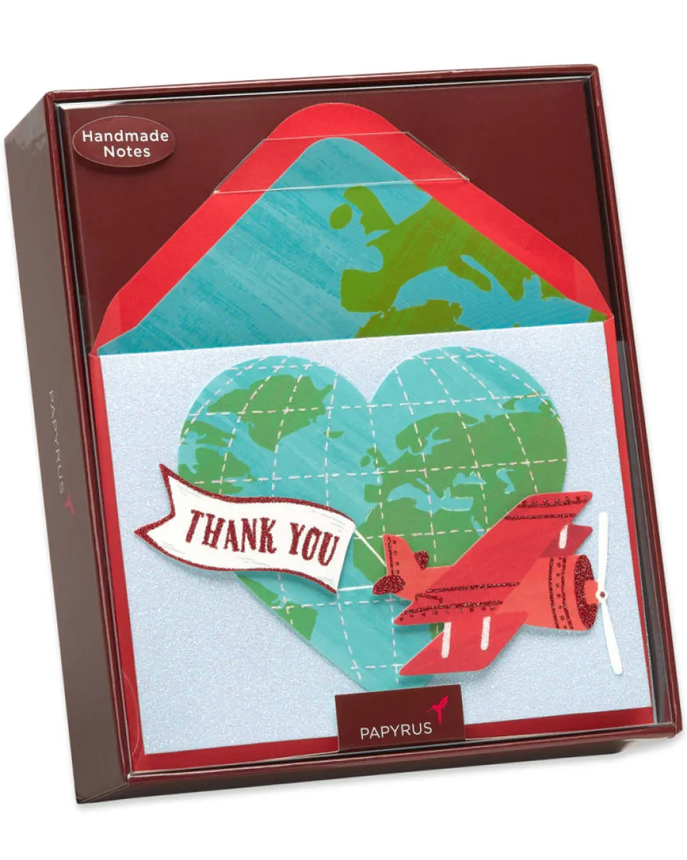 Globe with Plane Handmade Thank You Boxed Blank Note Cards with Glitter, 8-Count