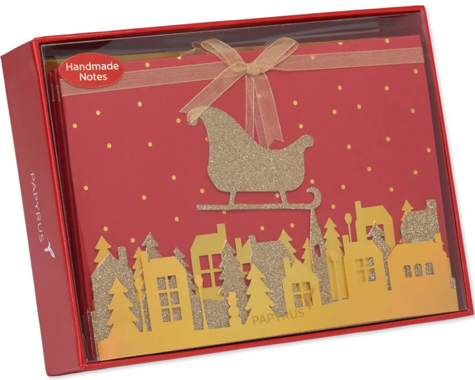 Gold Glitter Holiday Sleigh Boxed Cards, 8-Count