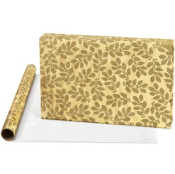 Gold Holly, Christmas Trees, White Floral Holiday Wrapping Paper Rolls, 3 Rolls