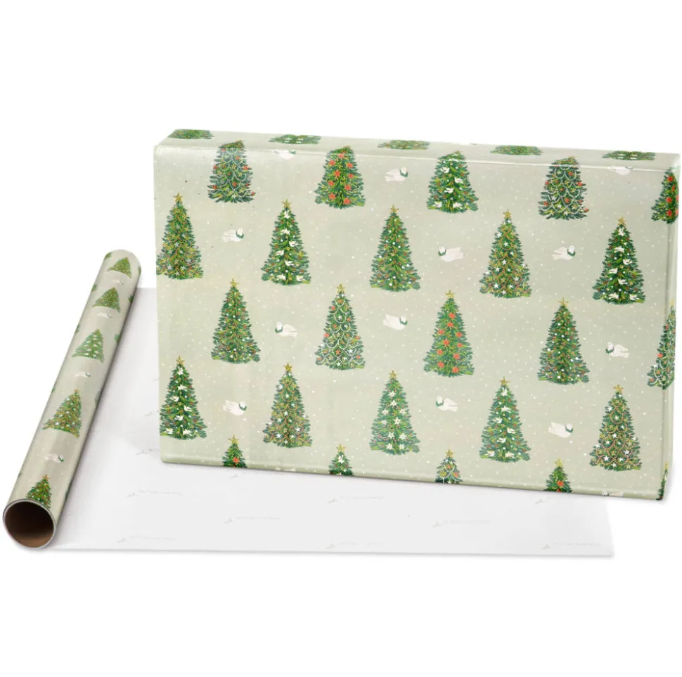 Gold Holly, Christmas Trees, White Floral Holiday Wrapping Paper Rolls, 3 Rolls