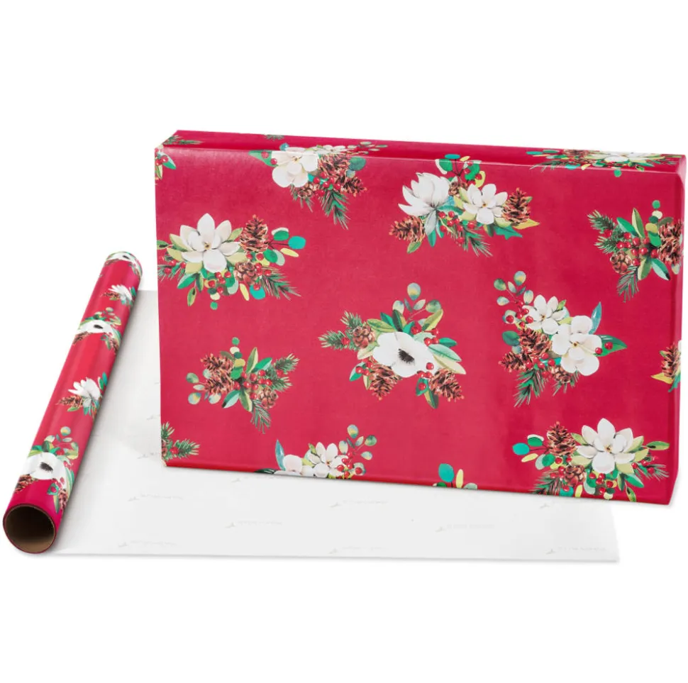 Gold Holly, Christmas Trees, White Floral Holiday Wrapping Paper Rolls, 3 Rolls