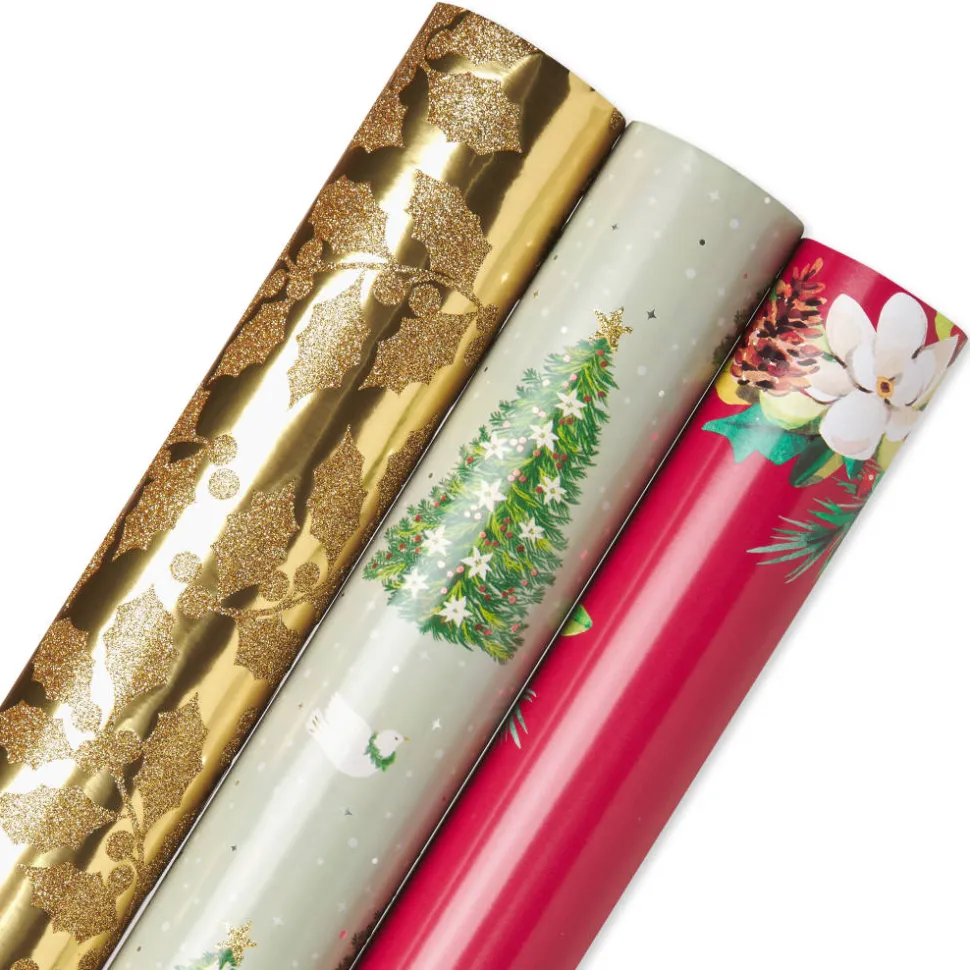 Gold Holly, Christmas Trees, White Floral Holiday Wrapping Paper Rolls, 3 Rolls