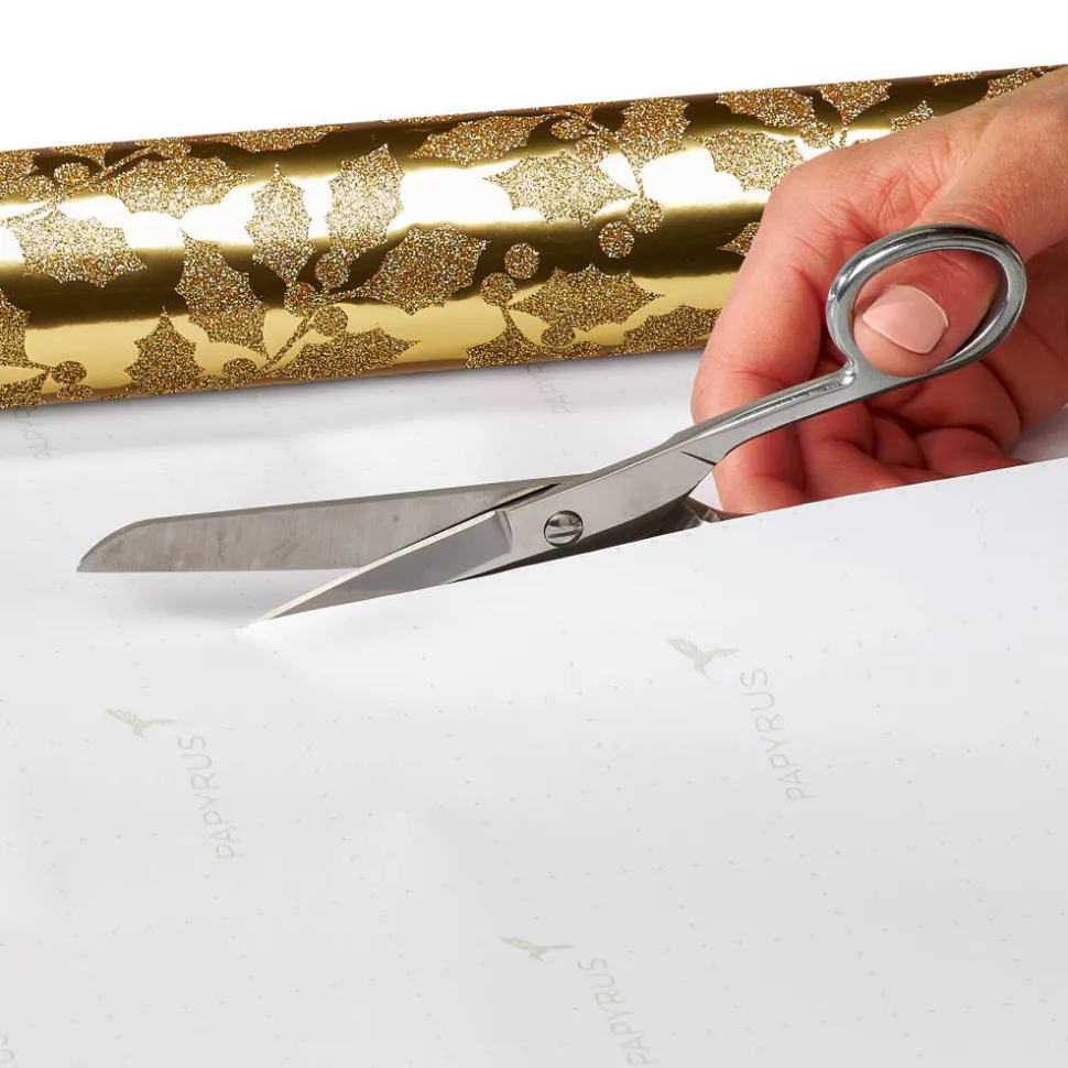 Gold Holly, Christmas Trees, White Floral Holiday Wrapping Paper Rolls, 3 Rolls