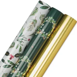 Holly, Wreath, Gold Holiday Wrapping Paper Rolls, 3 Rolls