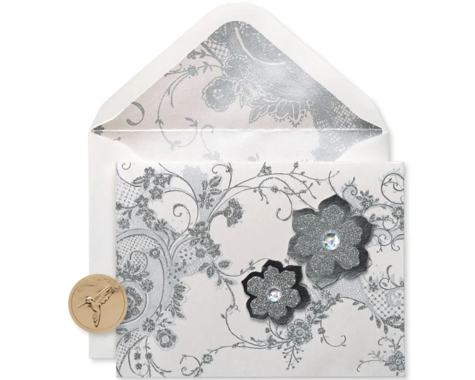Lace and Flowers Handmade Boxed Blank Note Cards with Glitter, 8-Count