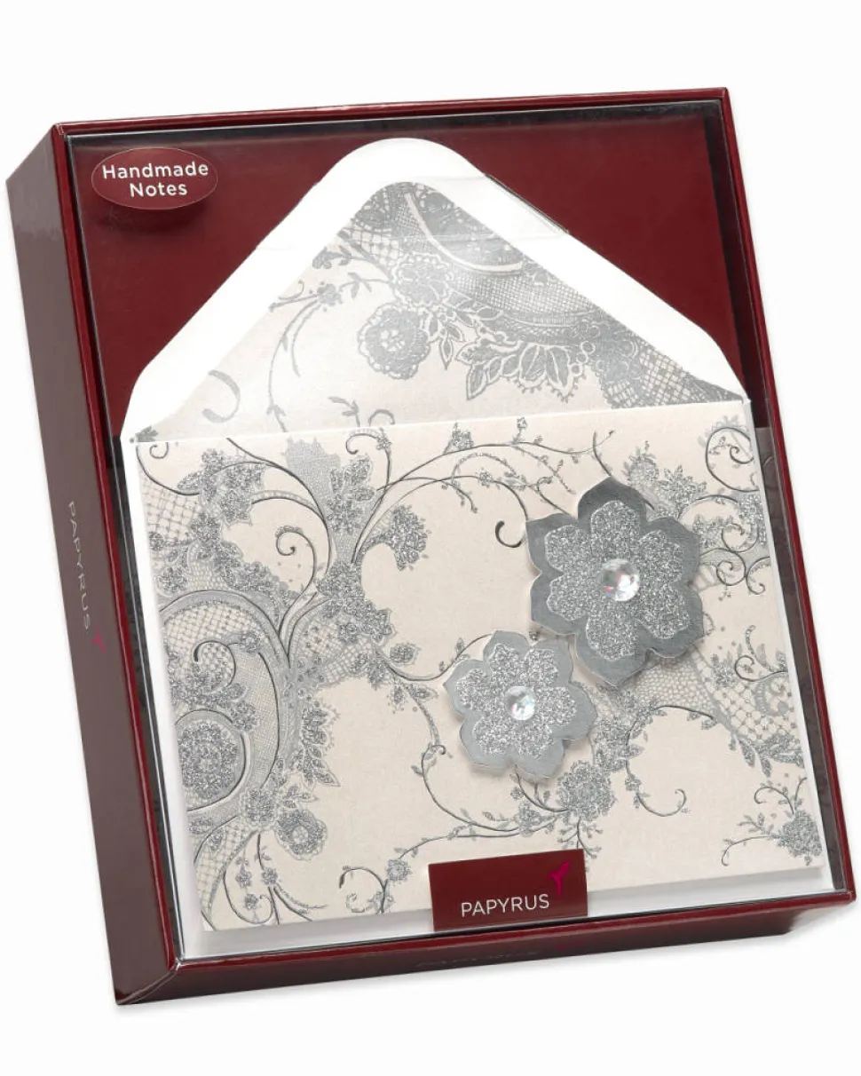 Lace and Flowers Handmade Boxed Blank Note Cards with Glitter, 8-Count