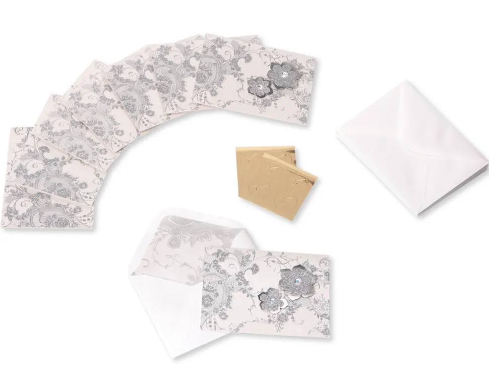 Lace and Flowers Handmade Boxed Blank Note Cards with Glitter, 8-Count