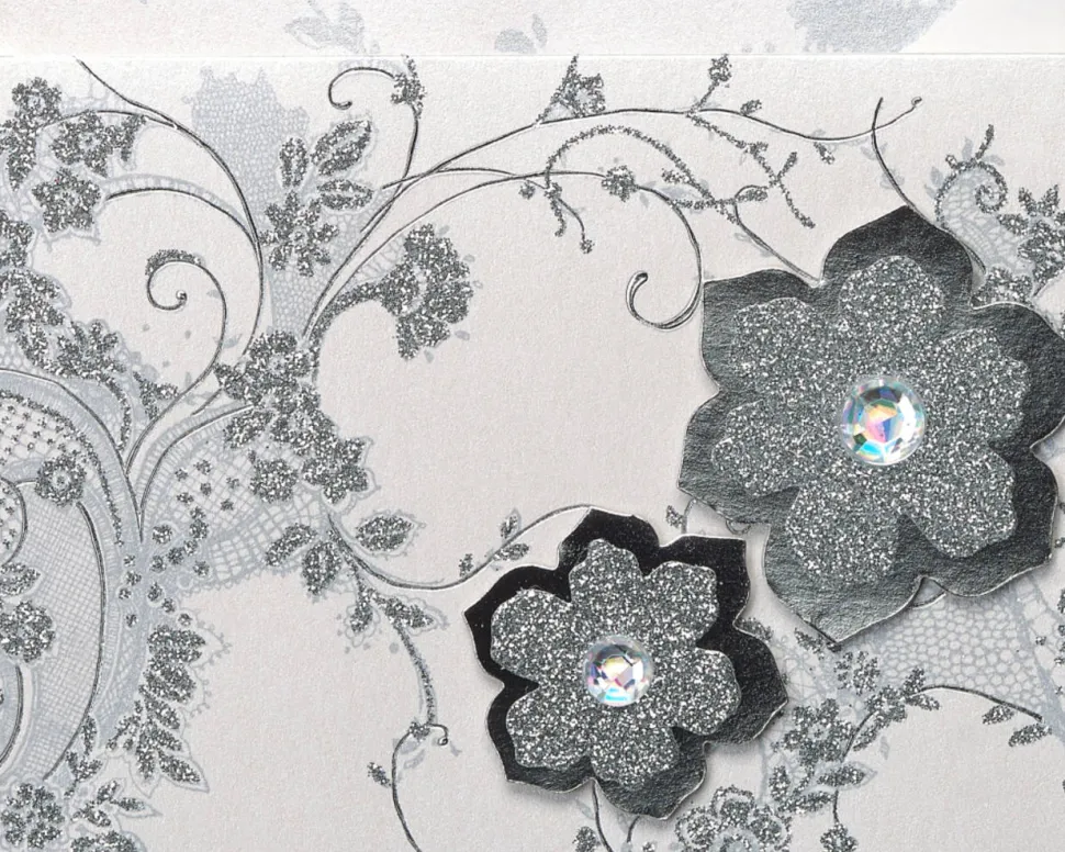 Lace and Flowers Handmade Boxed Blank Note Cards with Glitter, 8-Count