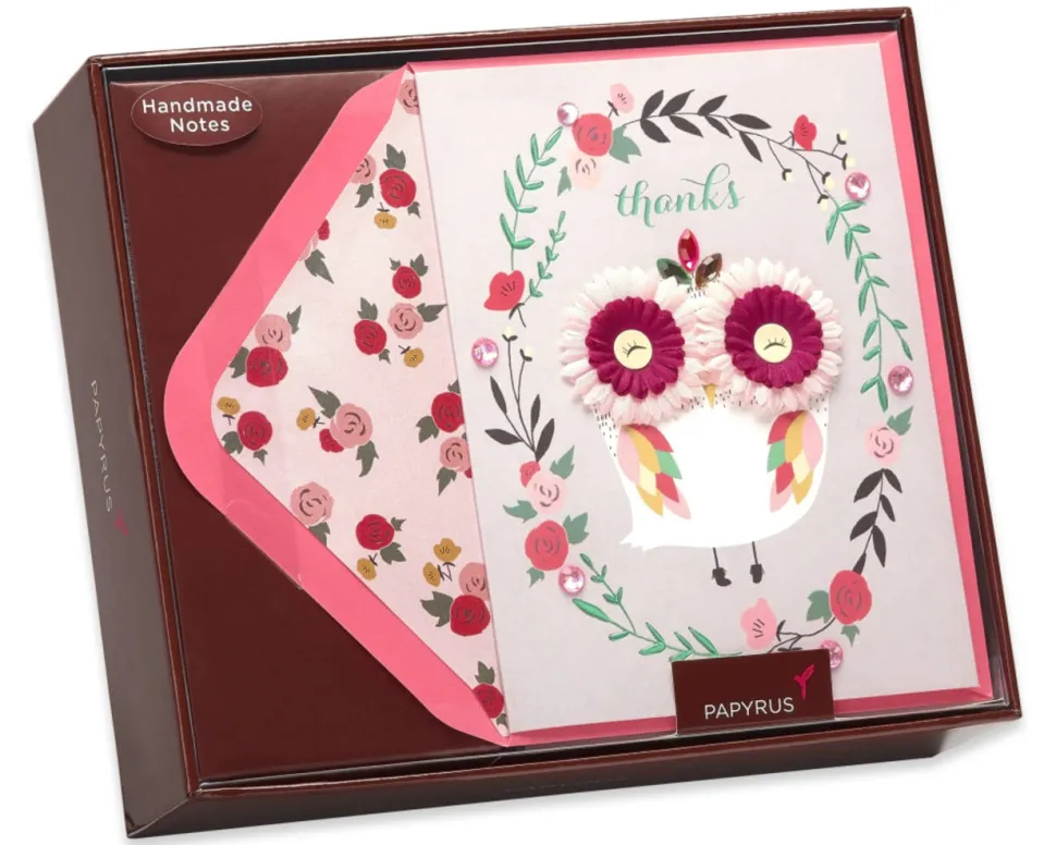 Lovely Owl Handmade Thank You Boxed Blank Note Cards, 8-Count