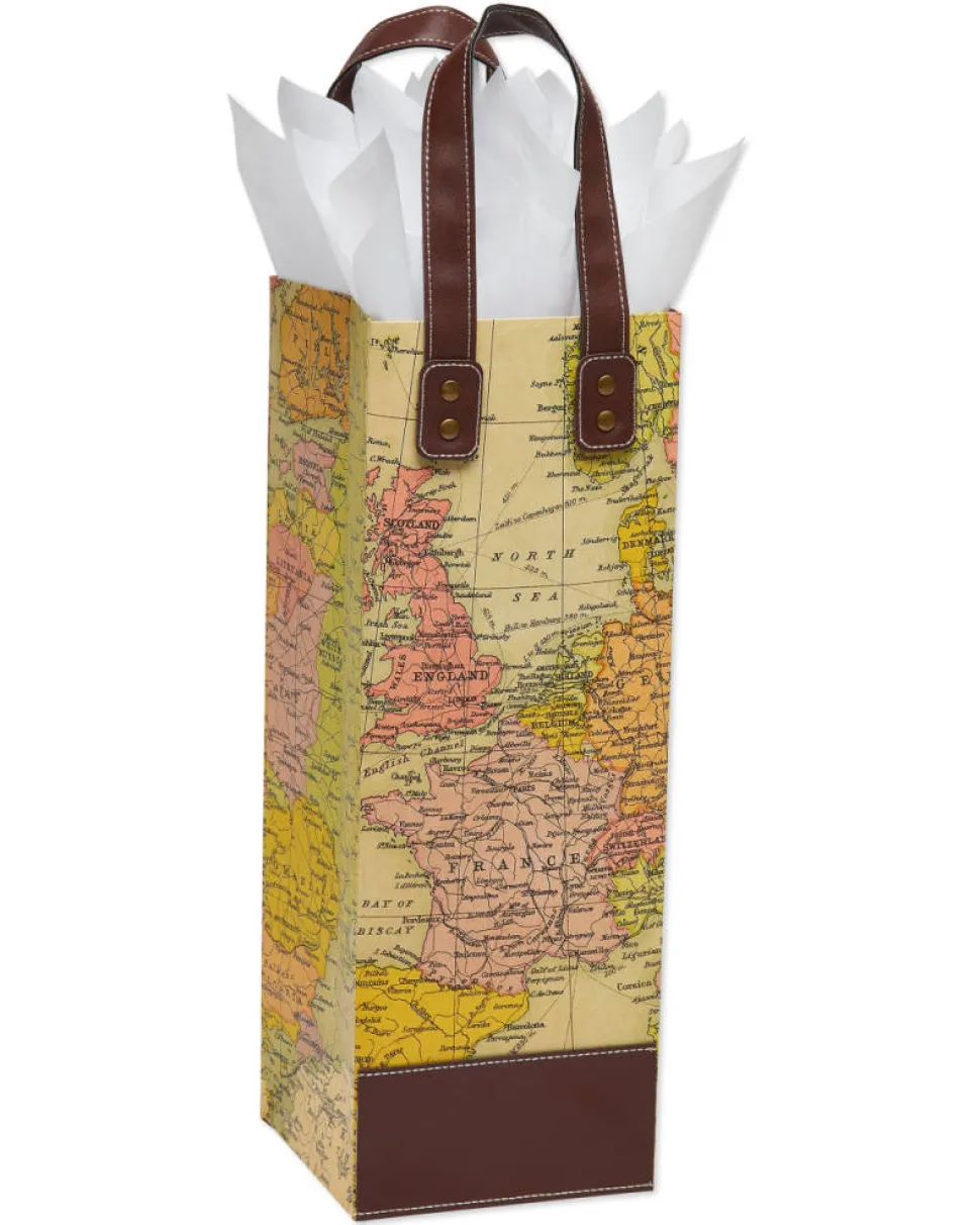 Map Beverage Gift Bag with White Tissue Paper, 1 Gift Bag and 8 Sheets of Tissue Paper