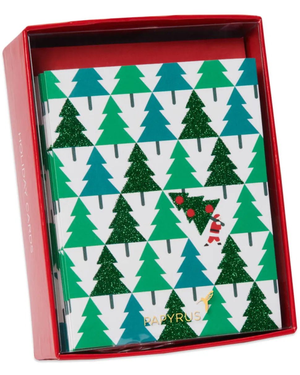Pine Trees with Santa Holiday Christmas Boxed Cards – Glitter, 20-Count