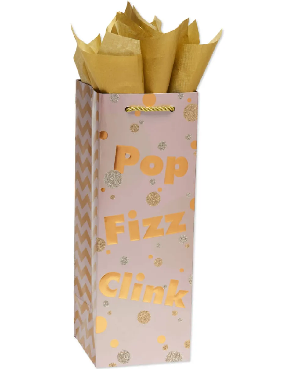 Pop Fizz Clink Beverage Gift Bag with Gold Linen Tissue Paper, 1 Gift Bag and 4 Sheets of Tissue Paper