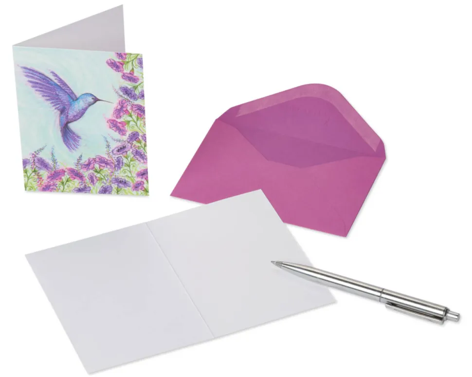 Purple Hummingbird Boxed Cards and Envelopes, 14-Count- Designed by Bella Pilar