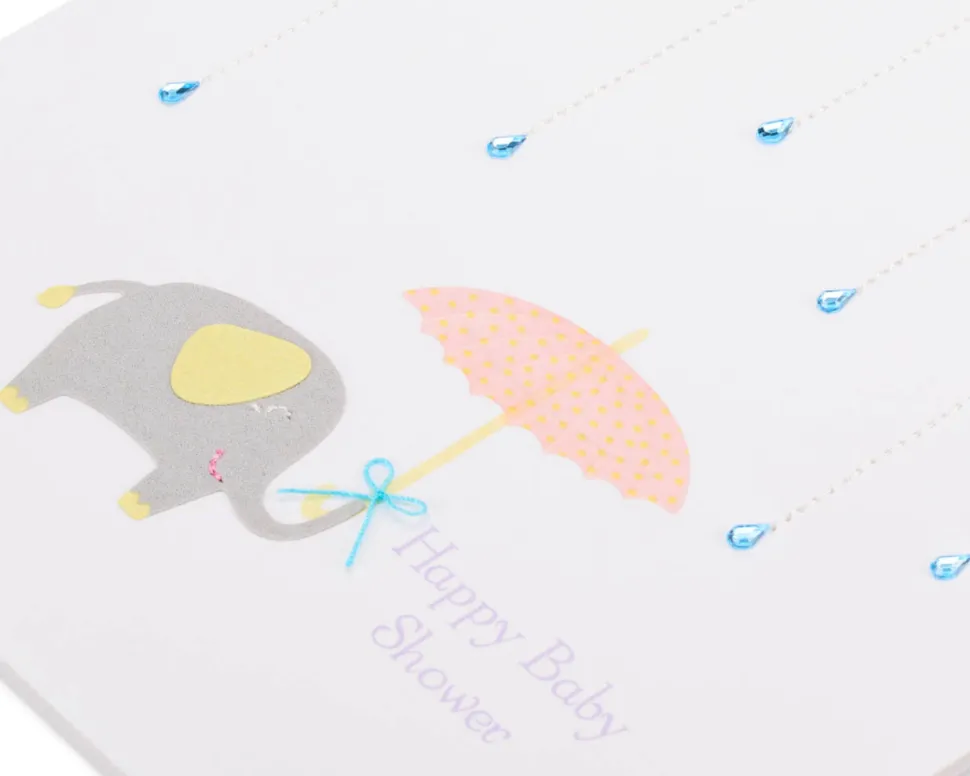 Raindrops Umbrella and Elephant Baby Shower Greeting Card