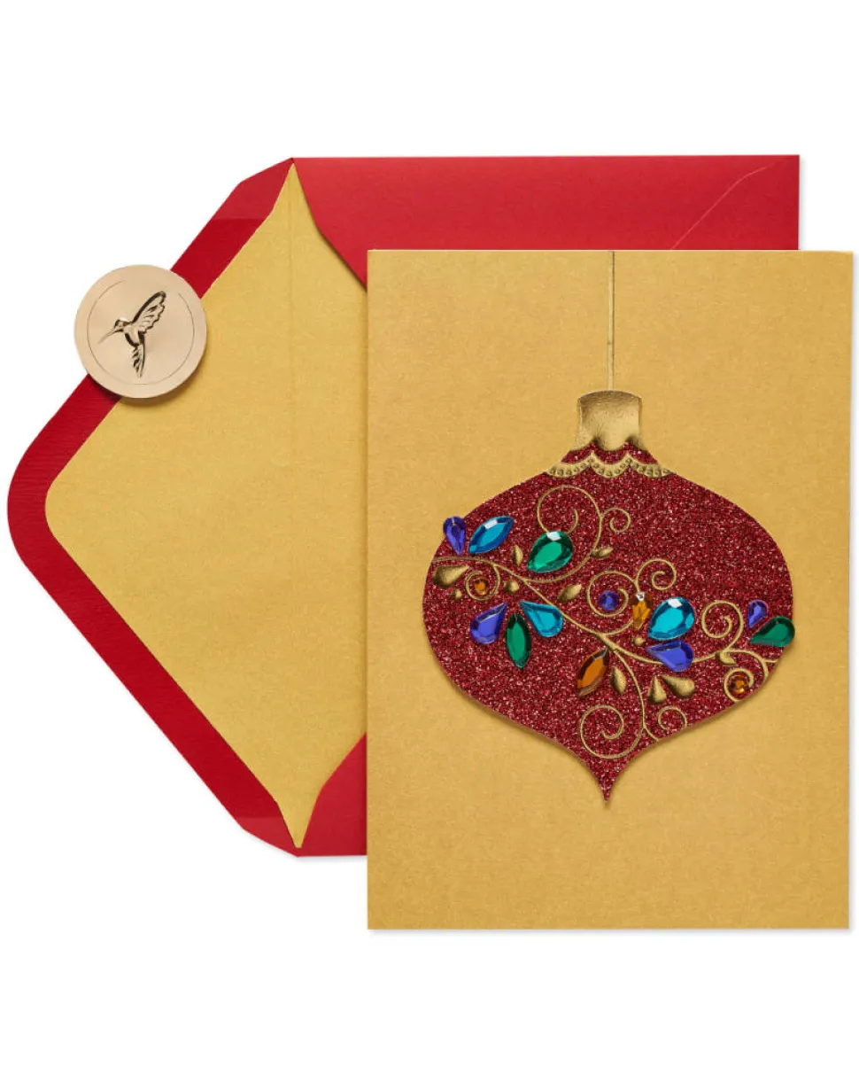 Red Glitter Holiday Ornament Christmas Cards Boxed, 8-Count
