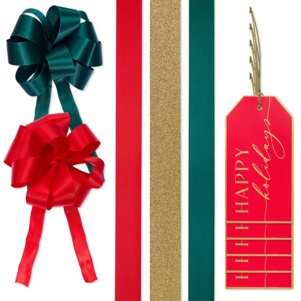 Red, Green and Gold Christmas Gift Tags, Ribbons and Bows for Gift Wrapping, 10-Count