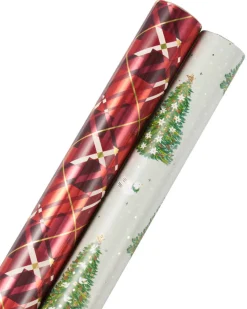 Red Plaid and Pine Trees Holiday Wrapping Paper Rolls, 2 Rolls