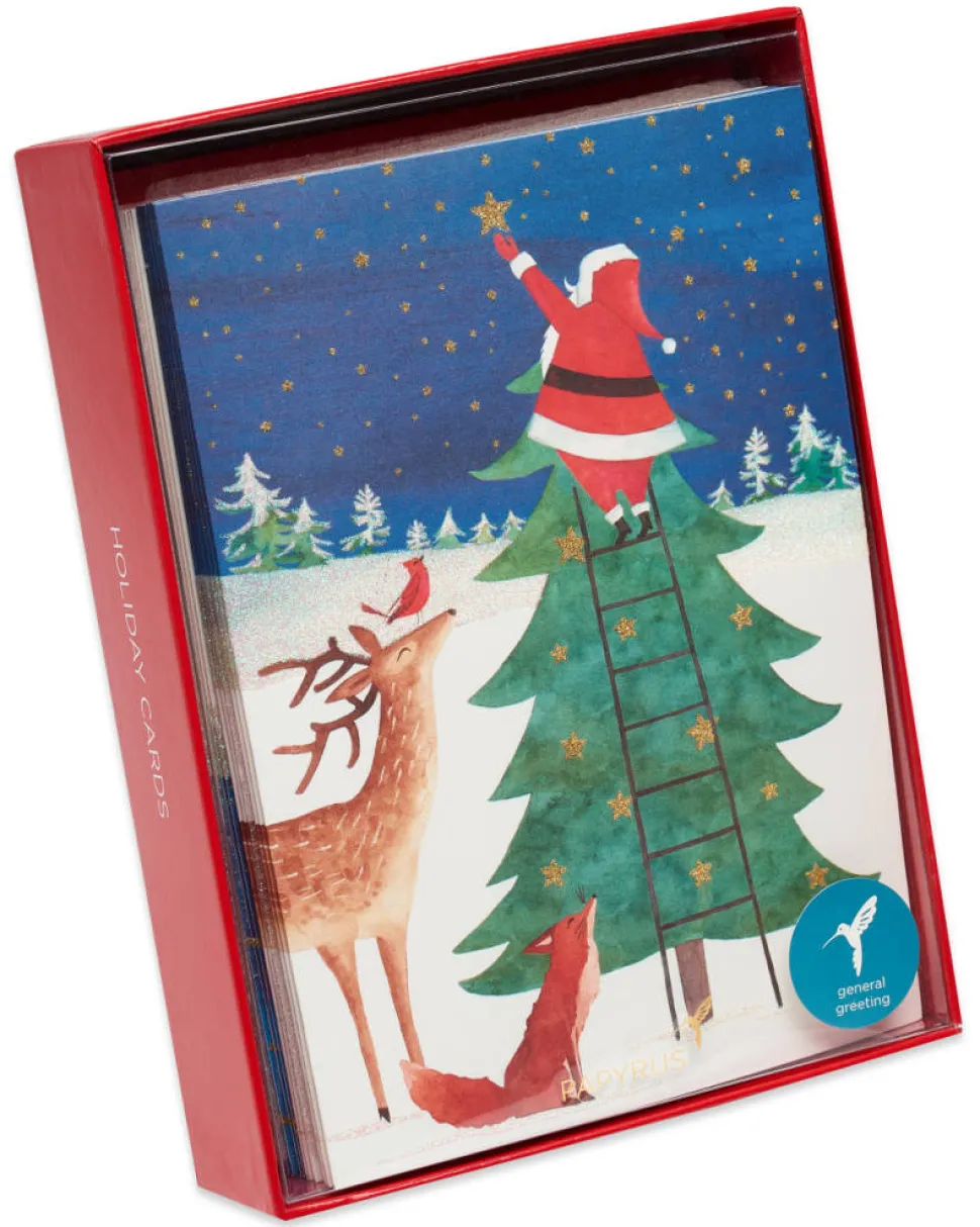 Santa Reaching for a Holiday Star Christmas Cards Boxed, 14-Count