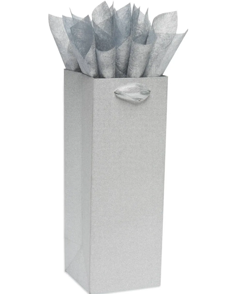 Silver Glitter 14″ Holiday Beverage Gift Bag with Tissue Paper, 1 Bag, 4 Sheets