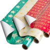 Teal + Gold Stars, Christmas Text, Gold Stars Holiday Wrapping Paper Rolls, 3 Rolls