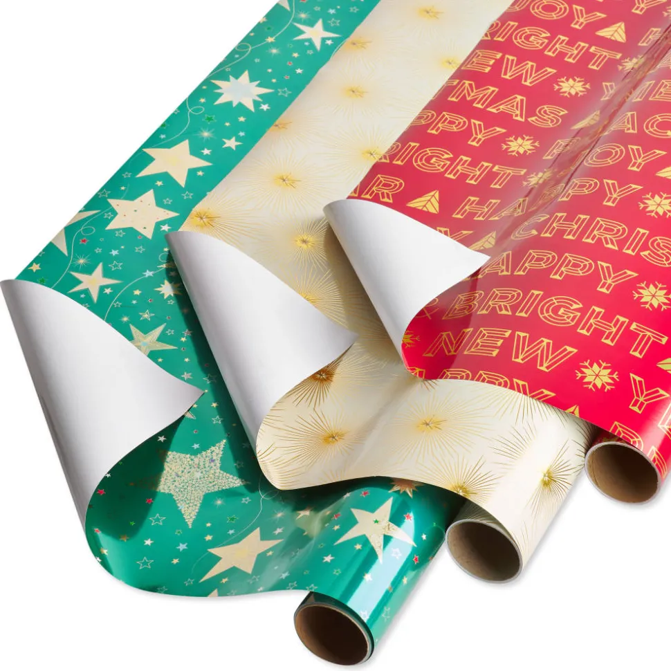 Teal + Gold Stars, Christmas Text, Gold Stars Holiday Wrapping Paper Rolls, 3 Rolls