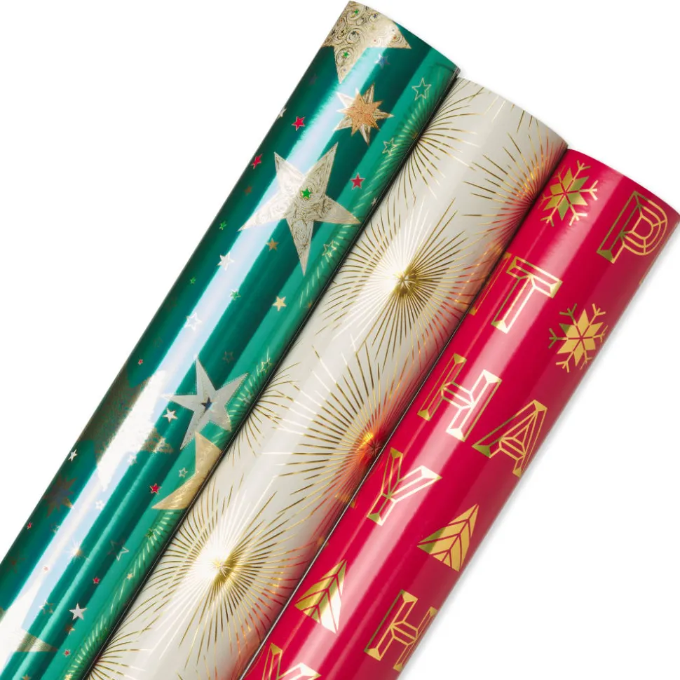 Teal + Gold Stars, Christmas Text, Gold Stars Holiday Wrapping Paper Rolls, 3 Rolls