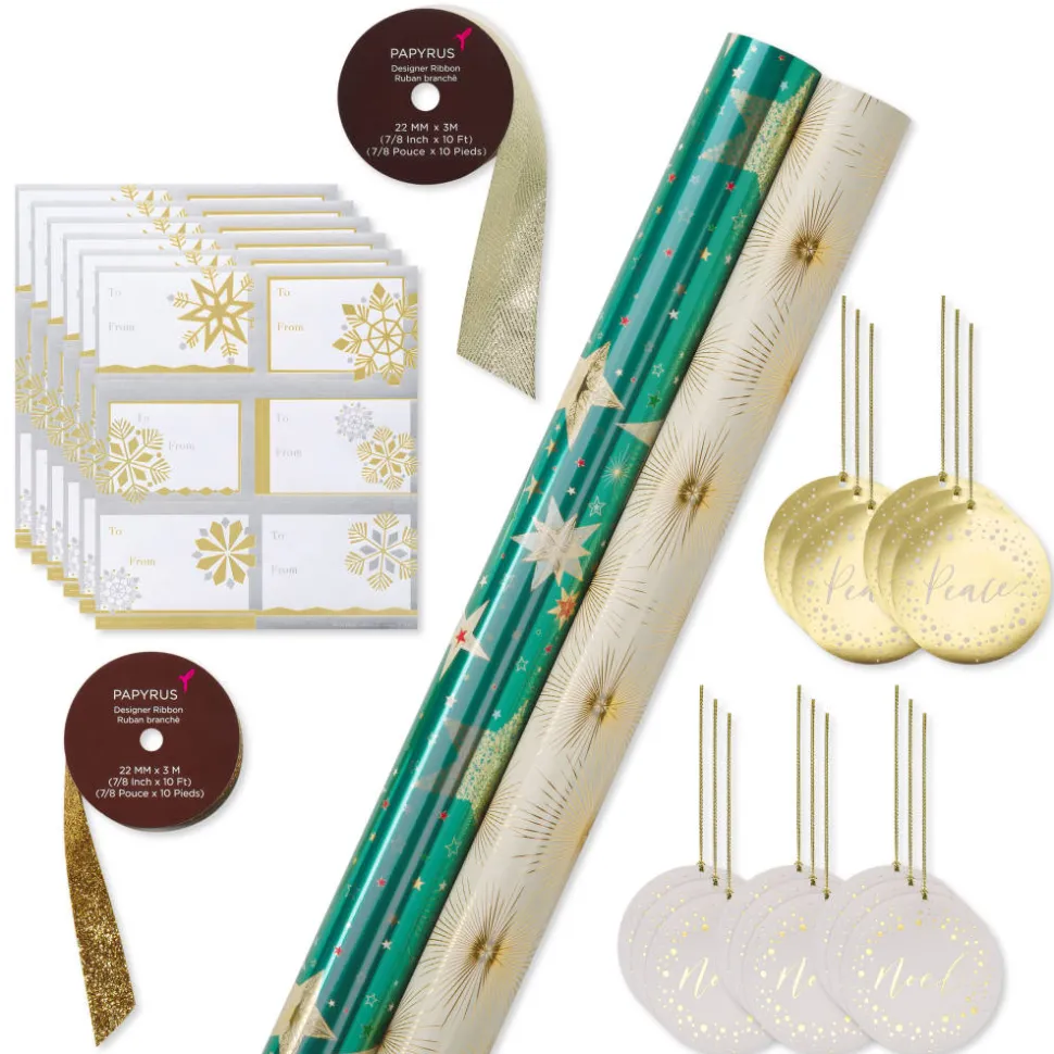 Teal + Gold Stars, Gold Stars Holiday Wrapping Paper Set, 2 Rolls, 2 Ribbons, 5 Tags, 12 Labels