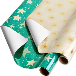 Teal + Gold Stars, Gold Stars Holiday Wrapping Paper Set, 2 Rolls, 2 Ribbons, 5 Tags, 12 Labels