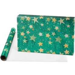 Teal + Gold Stars, Gold Stars Holiday Wrapping Paper Set, 2 Rolls, 2 Ribbons, 5 Tags, 12 Labels