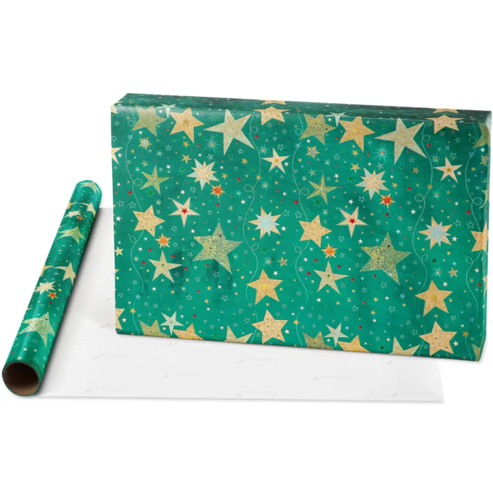 Teal + Gold Stars, Gold Stars Holiday Wrapping Paper Set, 2 Rolls, 2 Ribbons, 5 Tags, 12 Labels