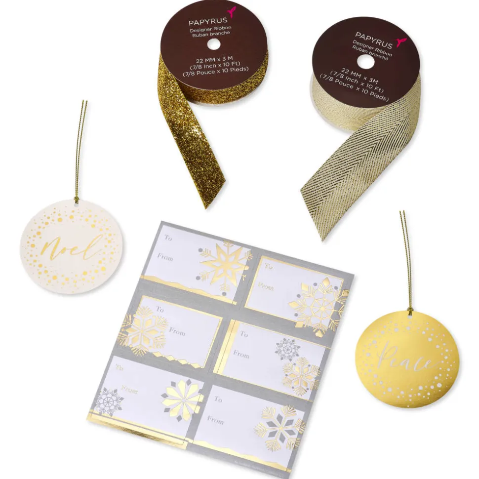 Teal + Gold Stars, Gold Stars Holiday Wrapping Paper Set, 2 Rolls, 2 Ribbons, 5 Tags, 12 Labels