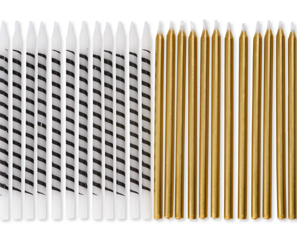 White and Black Stripe and Gold Birthday Candles, 24-Count