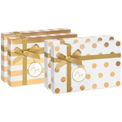 White and Gold Holiday Gift Box Set, 4 Boxes, 4 Gift Tags, One Ribbon, 8 Sheets of Solid Tissue